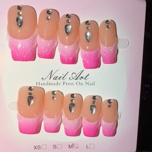 Pink Ombre Floral Press-On Nails with Silver Studs